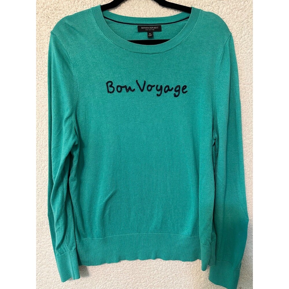 Banana Republic Sweater Womens XL Green Bon Voyage Silk Cotton Crew Neck - Picture 5 of 10